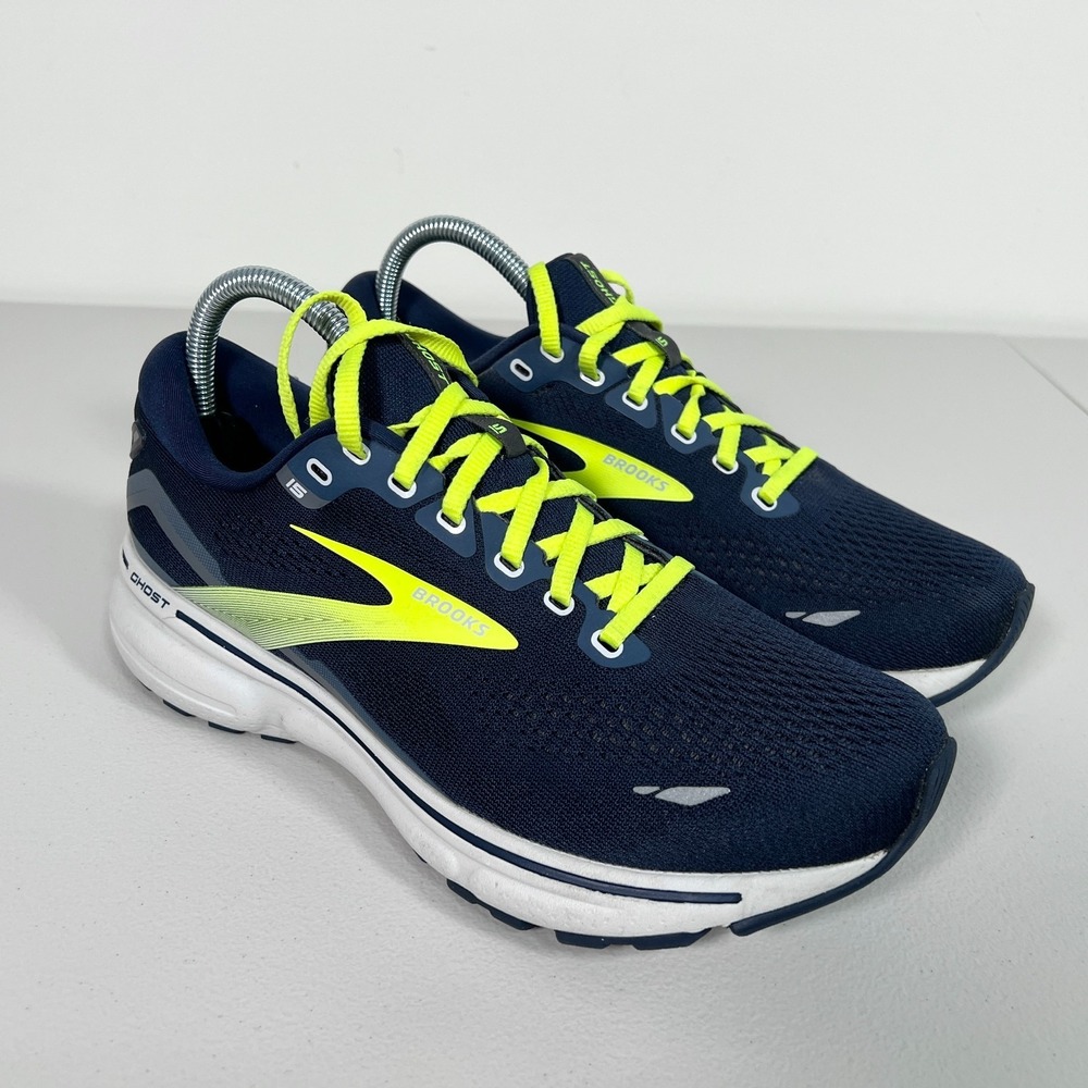 Brooks Ghost 15 Running Shoes Mens US 7.5 Wide 2E Blue Sneakers Yellow Road